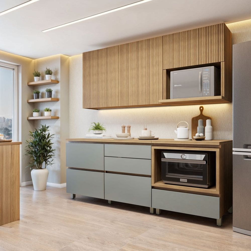 Cozinha Completa Modulada 4 Peças 5 Portas 4 Gavetas Norten Marrom/Verde