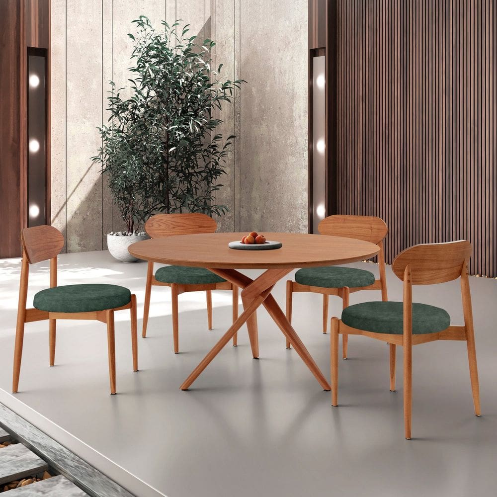 Conjunto Sala de Jantar Mesa 135cm Tampo Redondo Laminado e 4 Cadeiras Hope Jade / Imbuia Natural