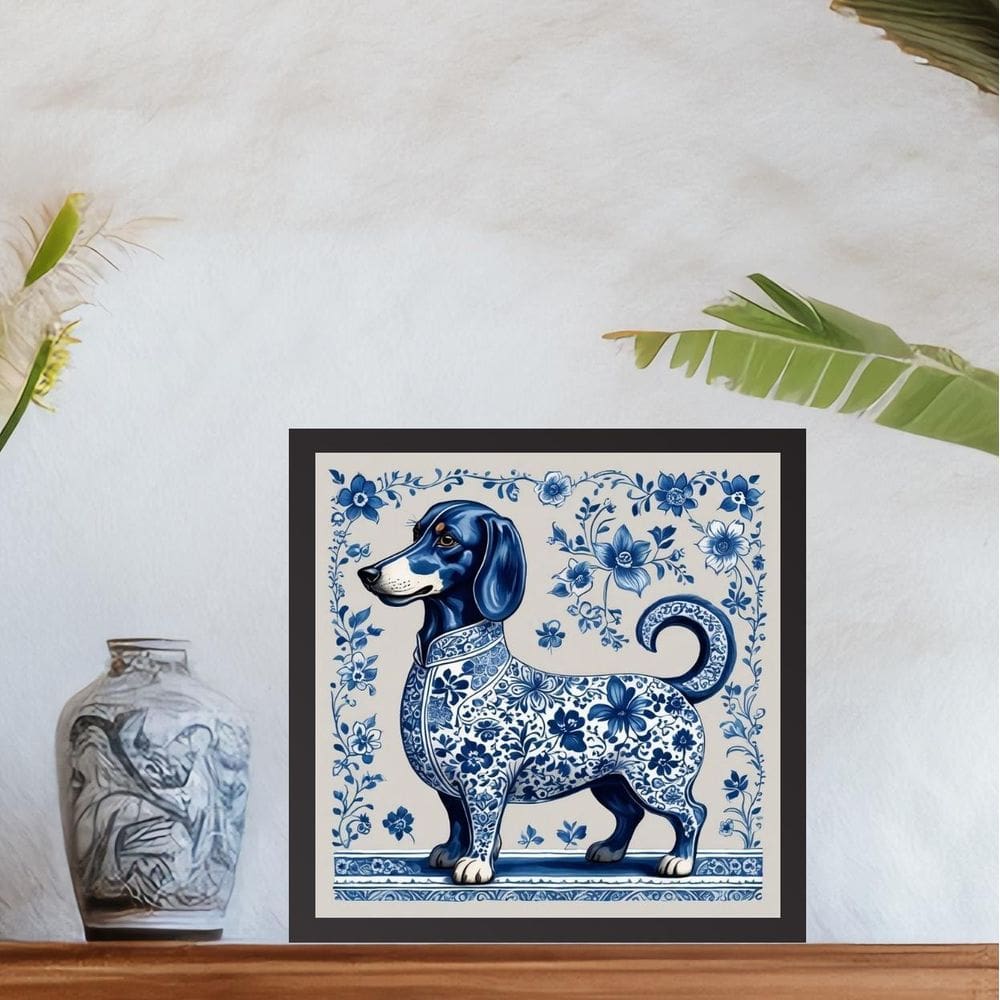 Quadro Dachshund Estilo Azulejo Português - 33X33Cm