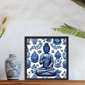 Quadro Buda Azul Estilo Azulejo Português - 33X33Cm - Vidro