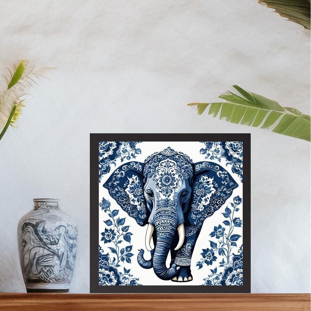 Quadro Elefante Floral Estilo Azulejo Português - 33X33Cm