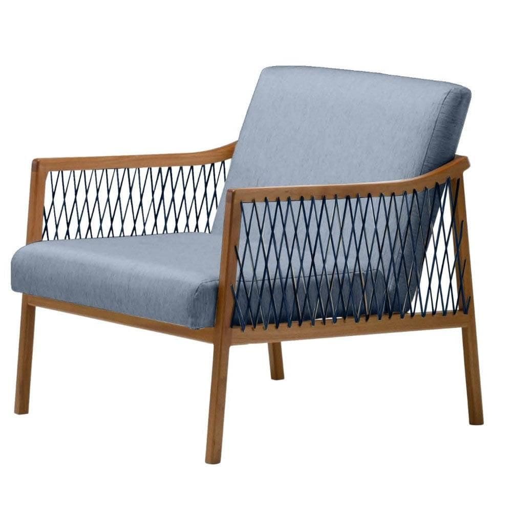 Poltrona com braço Acaé Linho Azul Madeira Cedro Corda Náutica Chata Poliéster Azul