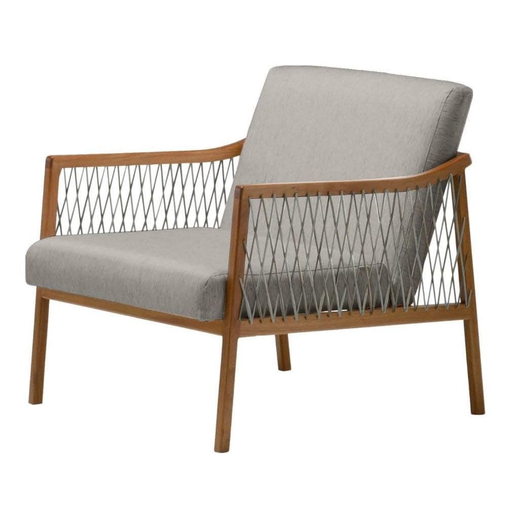 Poltrona com braço Acaé Linho Cinza Madeira Cedro Corda Náutica Chata Poliéster Rami