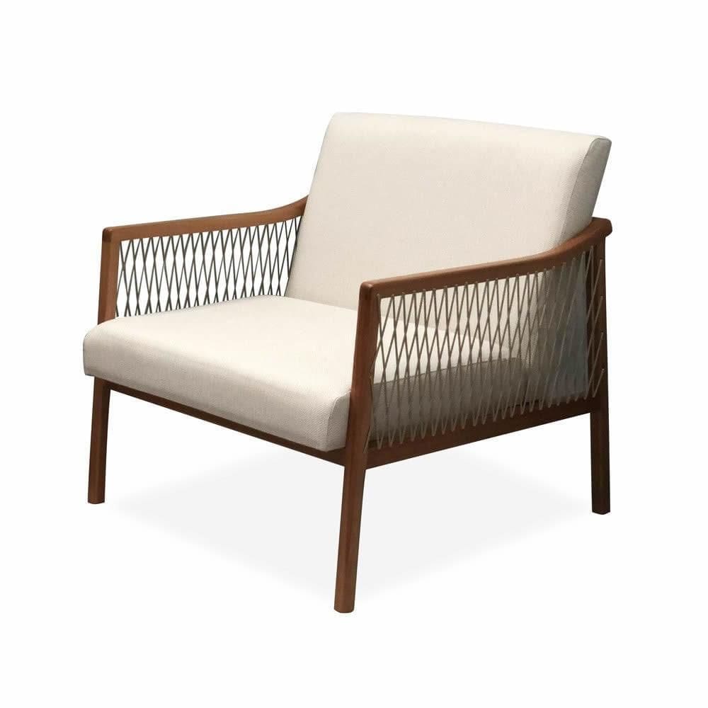 Poltrona com braço Acaé Linho Bege Madeira Cedro Corda Náutica Chata Poliéster Rami