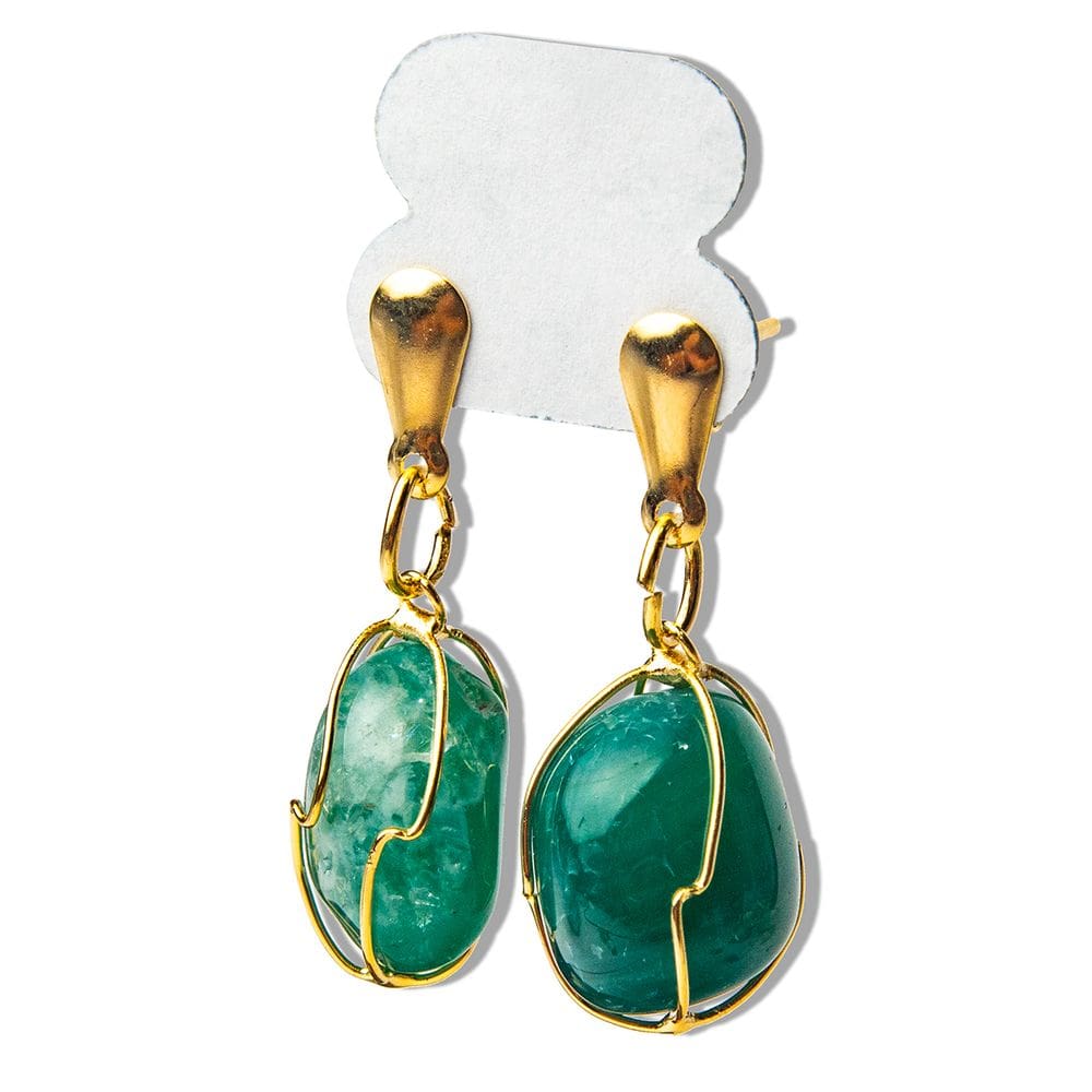 01 Brinco Cesta Amarrada Pedra Ágata Verde Dourado