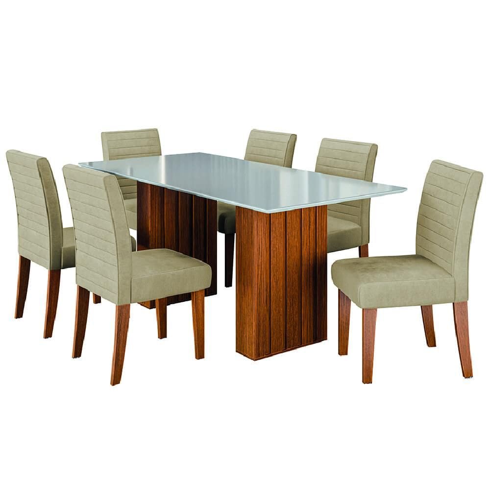 Conjunto de Mesa Sala de Jantar Ripada Tampo com Vidro Santiago 1,80m 6 Cadeiras Creta Dobuê