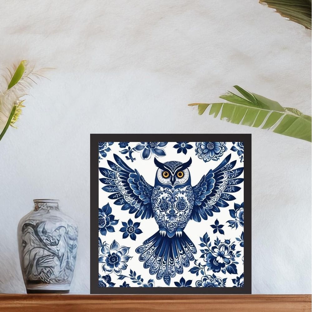Quadro Coruja Floral Estilo Azulejo Português - 33X33Cm