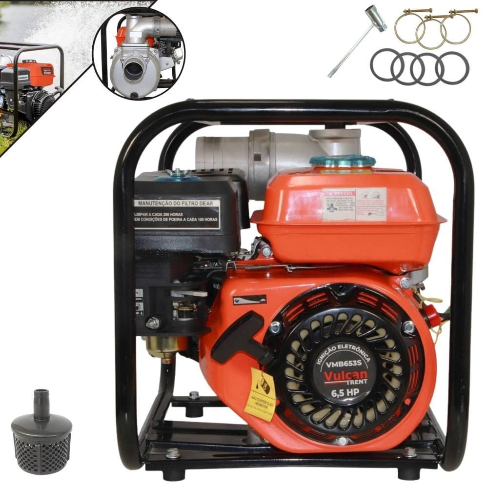 Motobomba Profissional Vulcan VMC653S À Gasolina 4T 6,5HP 196cc 30MCA Mangueiras de Entrada e Saída 3 Polegadas Vazão de 60.000L/H