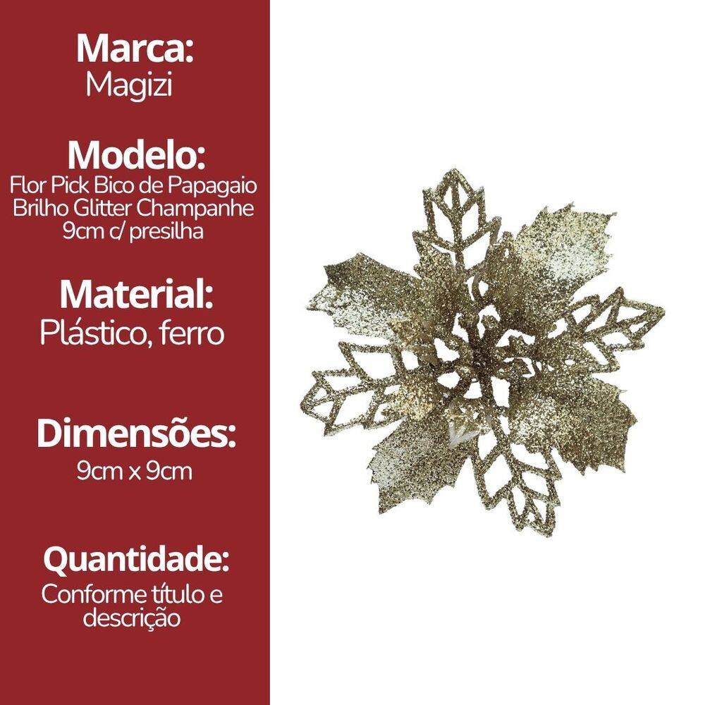 Jogo 2 Flores Bico de Papagaio Champanhe Natal Pick Glitter 9cm com Presilha - Magizi
