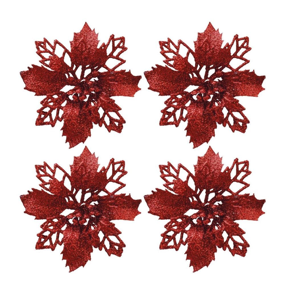 Jogo 4 Flores Bico de Papagaio Vermelha Natal Pick Glitter 9cm com Presilha - Magizi