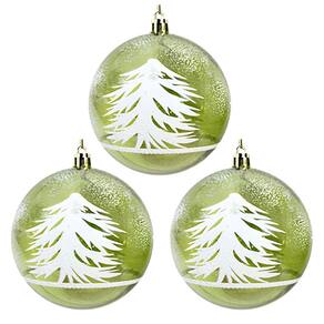 Jogo 3 Bolas Natal Verde Decorada Translúcida Pinheiro Nevado 10cm - Magizi