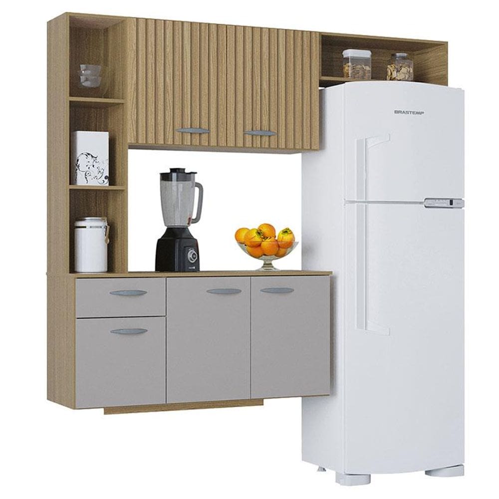 Cozinha com Balcão Isis 163 cm Damasco Ripado Off White - Poquema