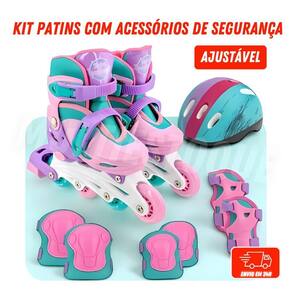 Kit De Patins Rosa Claro Acessórios Segurança - Tam. 30-33