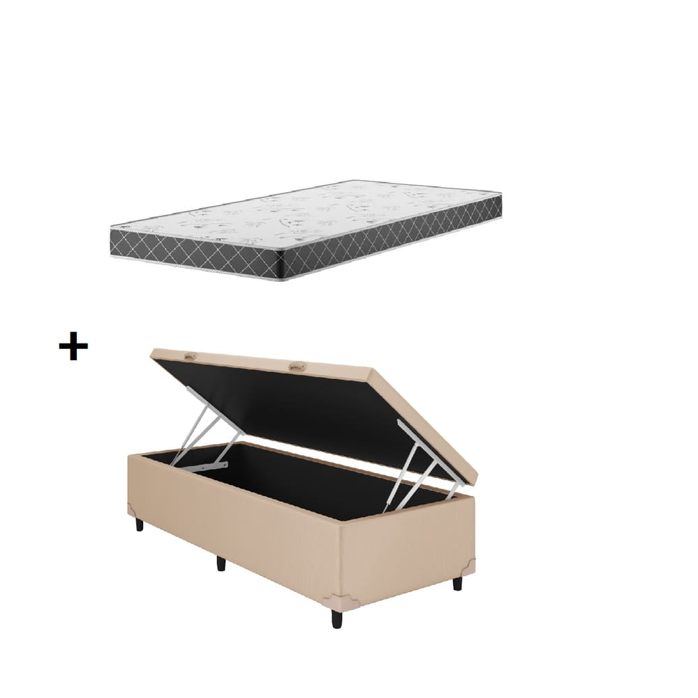 Cama Box Baú Solteiro Bege Colchão D20 88x188x12