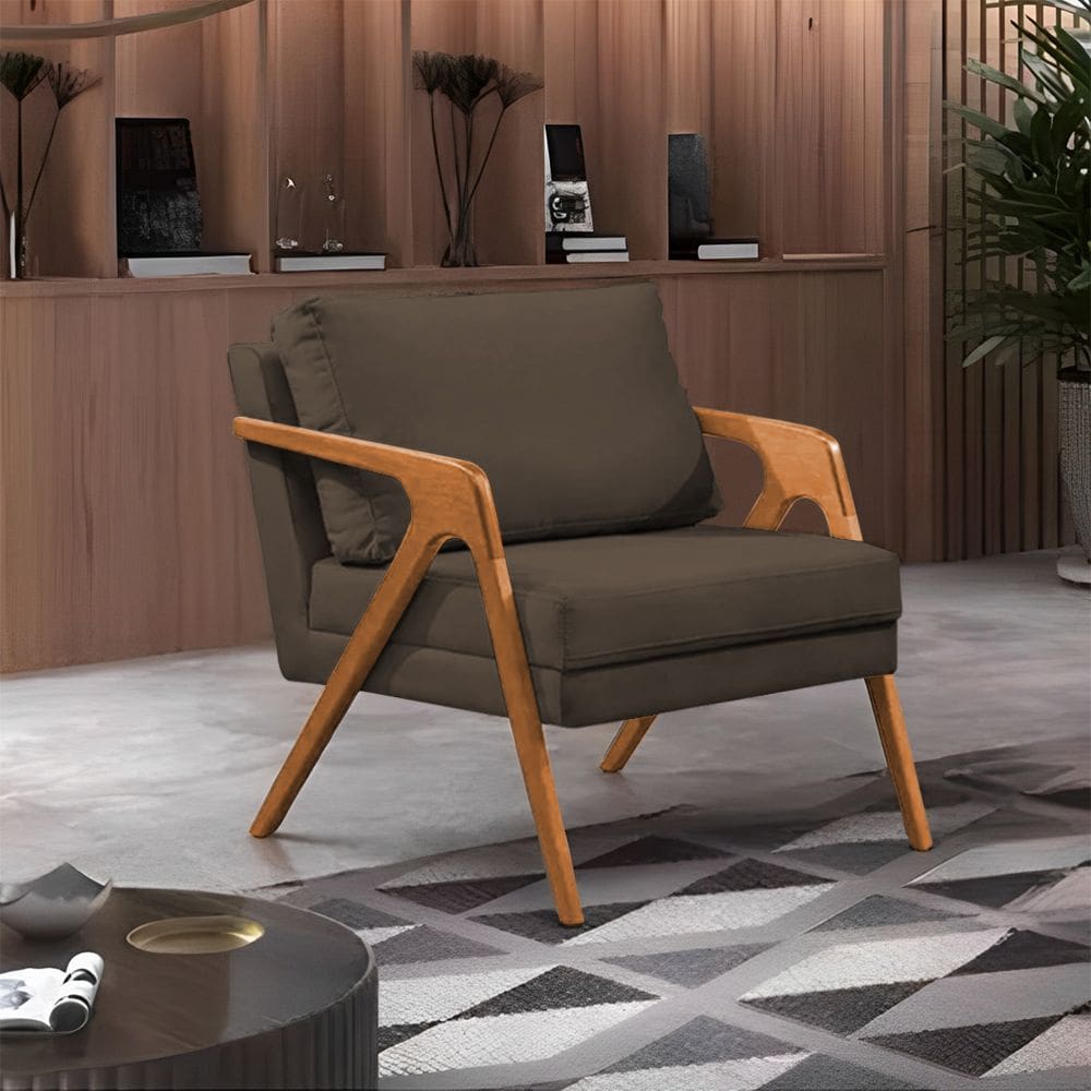 Poltrona Decorativa Mona Luxo Base Madeira Maciça Veludo Marrom