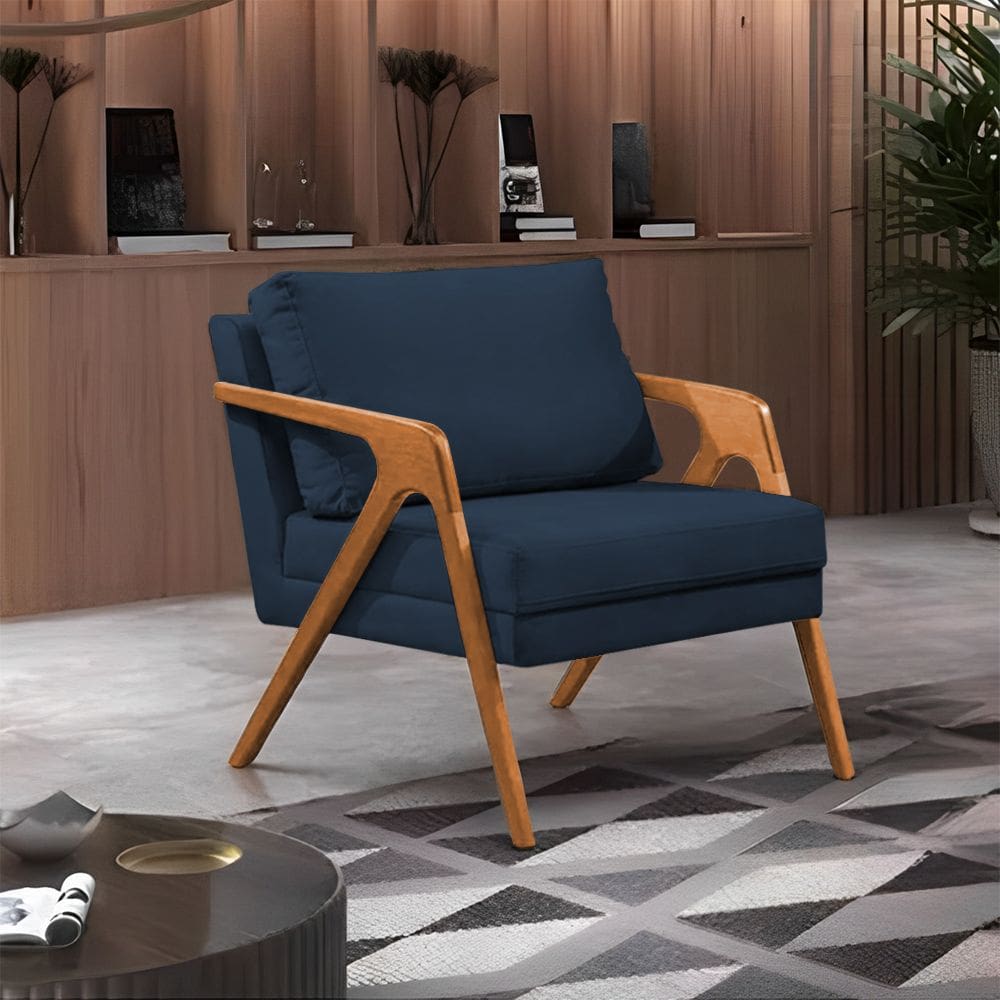 Poltrona Decorativa Mona Luxo Base Madeira Maciça Veludo Azul