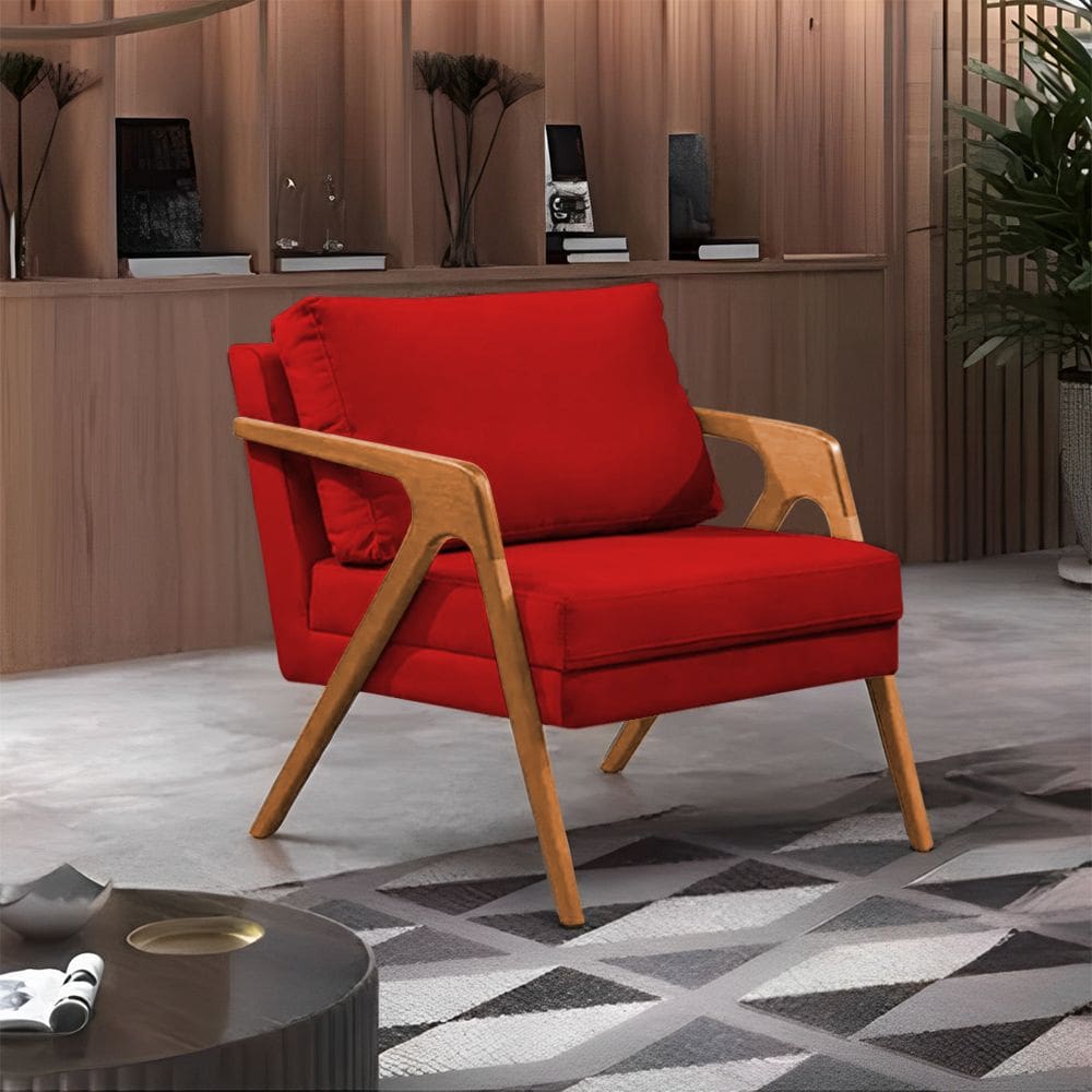 Poltrona Decorativa Mona Luxo Base Madeira Maciça Veludo Vermelho