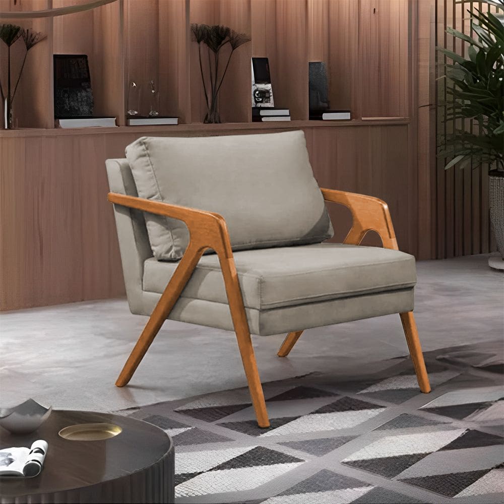 Poltrona Decorativa Mona Luxo Base Madeira Maciça Veludo Bege
