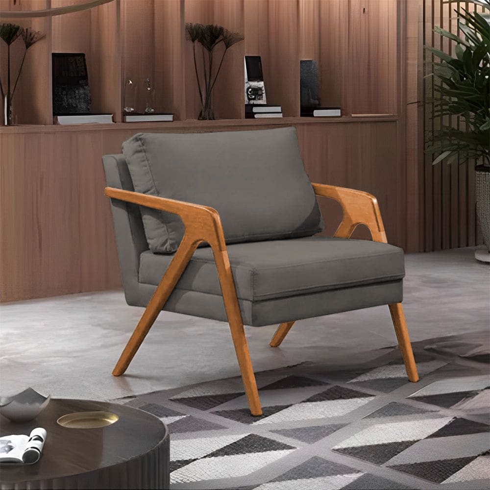 Poltrona Decorativa Mona Luxo Base Madeira Maciça Veludo Grafite