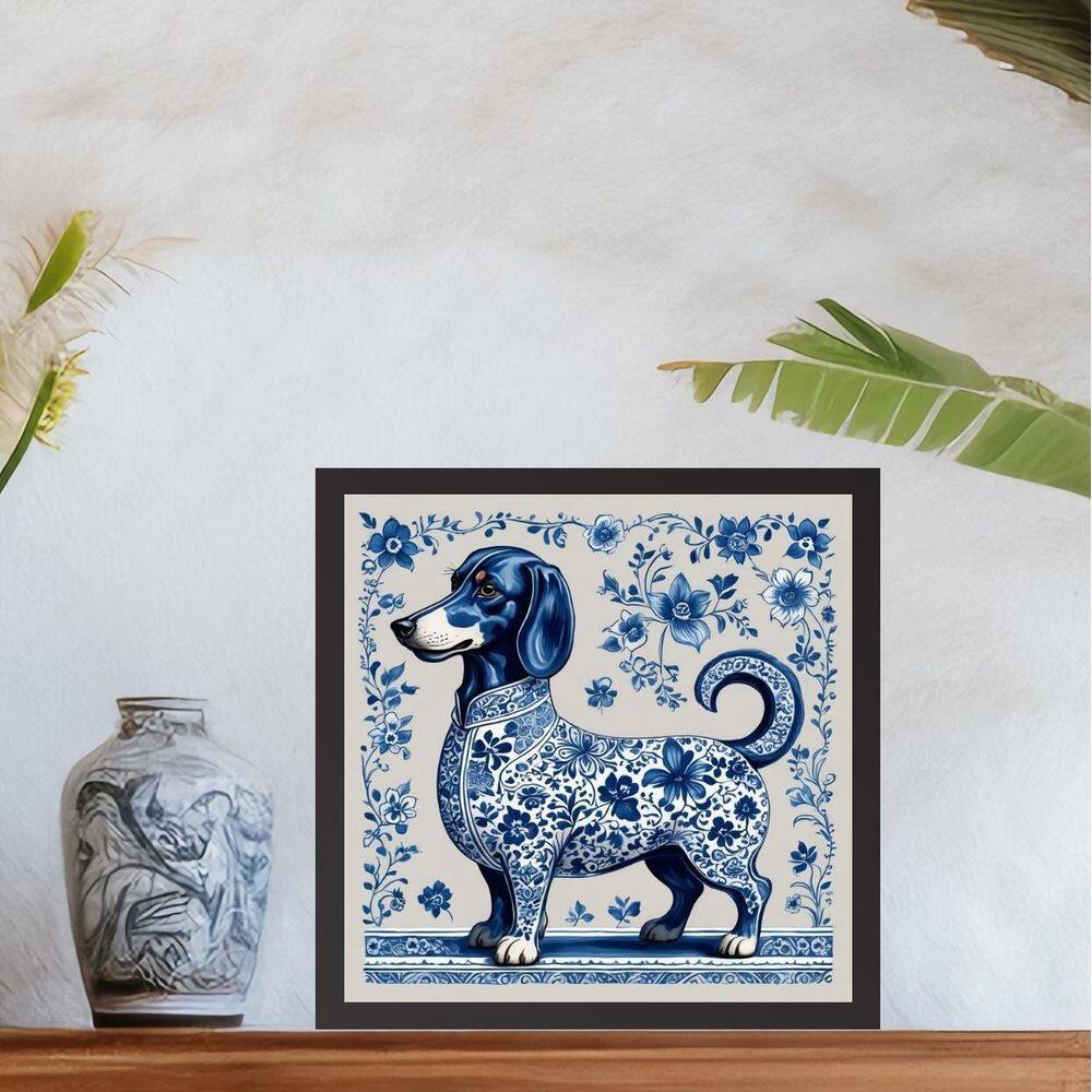 Quadro Dachshund Estilo Azulejo Português - 33X33Cm - Vidro