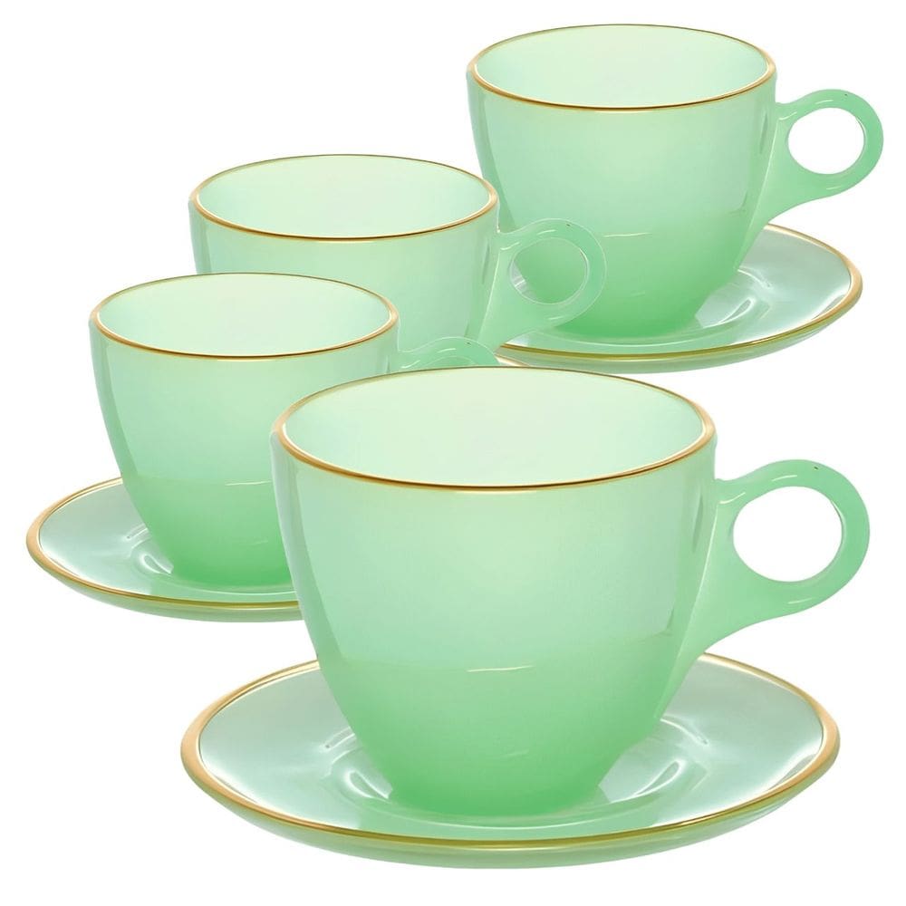 Jogo de Xícaras de Chá Matte Verde Com Borda Dourada em Cristal com Pires 170ML - 8 Peças