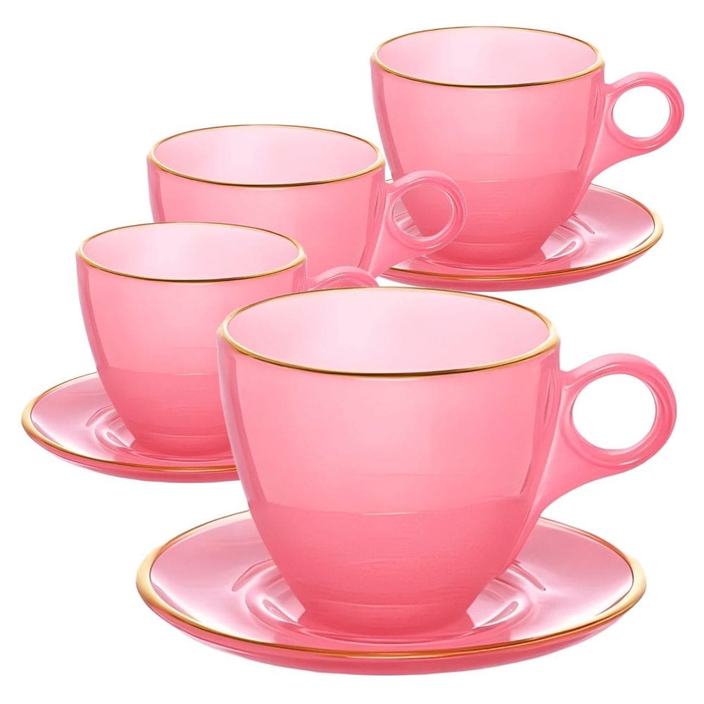 Jogo de Xícaras de Chá Matte Rosa Com Borda Dourada em Cristal com Pires 170ML - 8 Peças