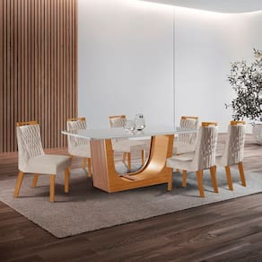 Conjunto de Jantar Mesa Maceió Tampo Mdf e Vidro com 6 Cadeiras Atena Yescasa Castanho Cinamomo/Pena Bege/Off White