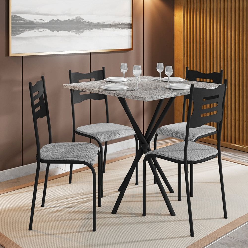 Conjunto Mesa com 4 Cadeiras 542.slp e Tampo Quadrado Diamante Preto/Cinza