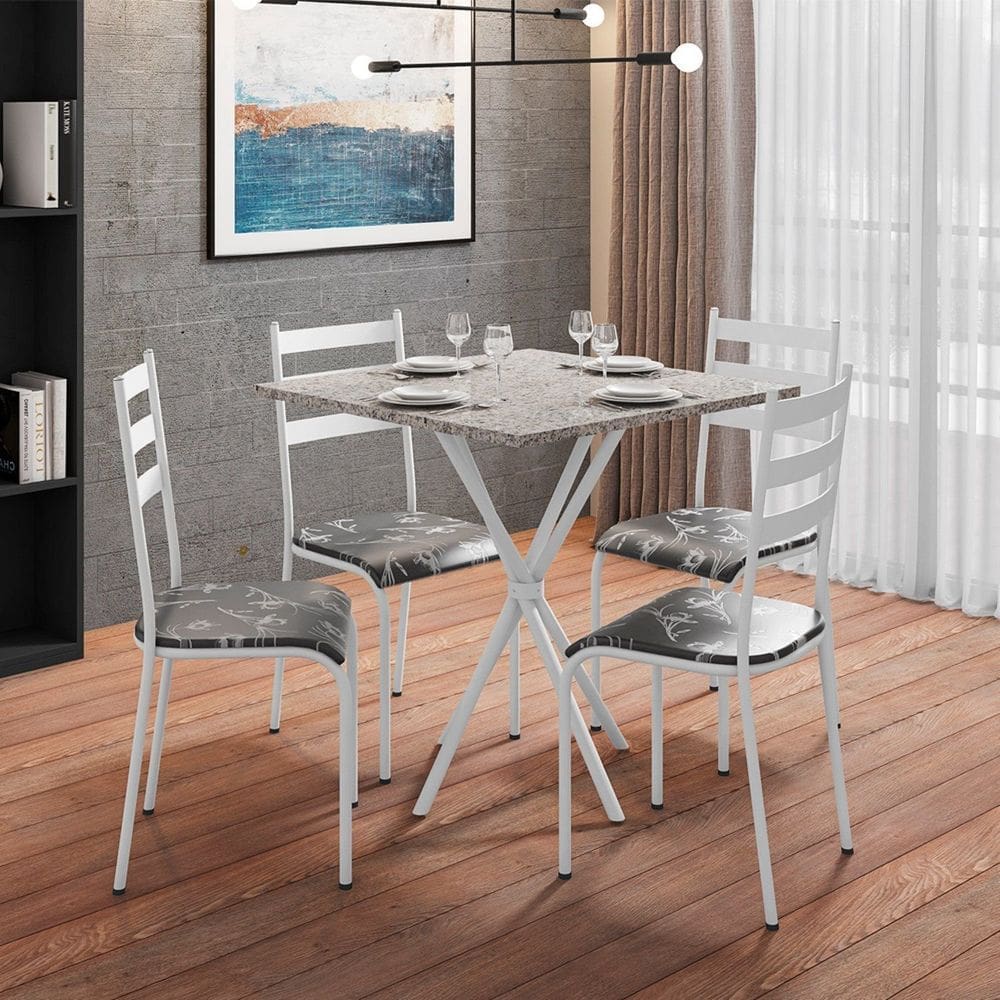Conjunto Mesa com 4 Cadeiras 541.sli e Tampo Quadrado Diamante Branco/Preto Floral