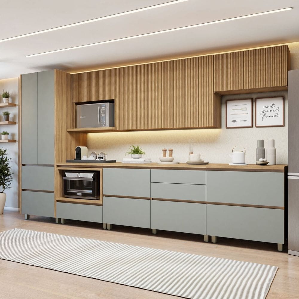 Cozinha Completa Modulada 7 Peças 8 Portas 8 Gavetas Norten Marrom/Verde