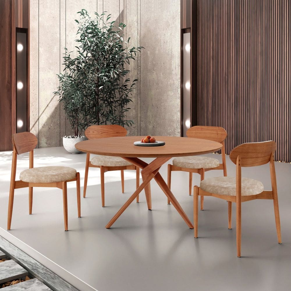 Conjunto Sala de Jantar Mesa 135cm Tampo Redondo Laminado e 4 Cadeiras Hope Milano / Imbuia Natural