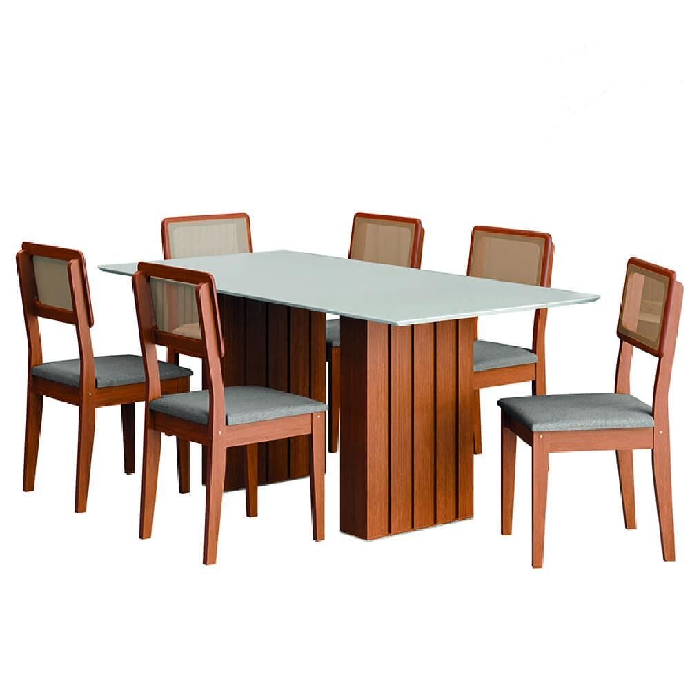 Conjunto de Mesa Sala de Jantar Ripada Tampo com Vidro 1,80m 6 Cadeiras Santiago Dobuê