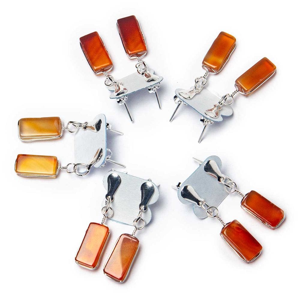 05 Brinco Pedra Ágata Cornalina Retângulo Ranhurado Prateado