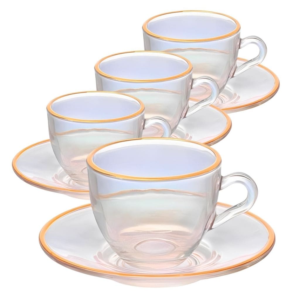Jogo de Xícaras para Café Menfis Rainbow com Borda Dourada em Cristal com Pires 85ML - 8 Peças