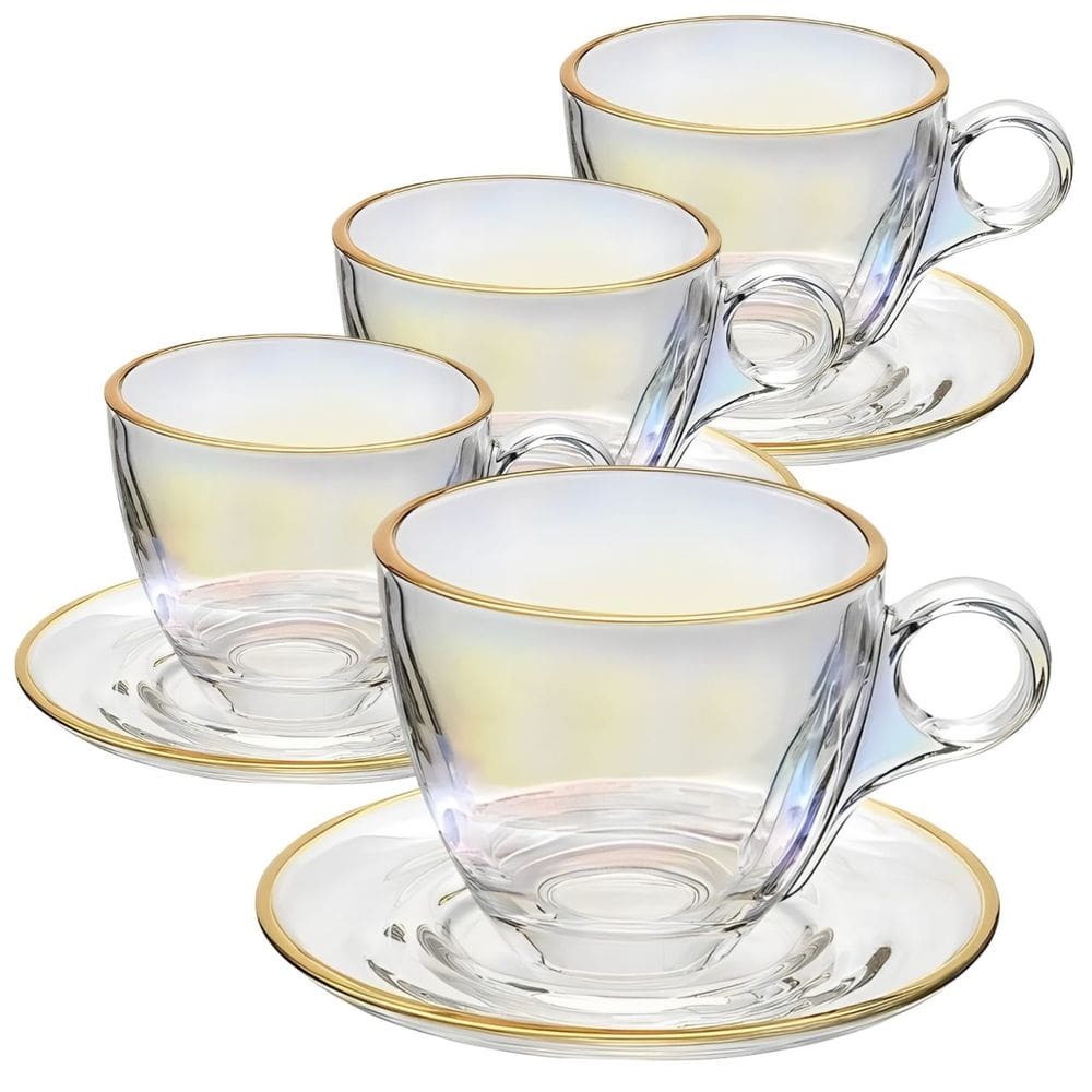 Jogo de Xícaras para Café Menfis Rainbow com Borda Dourada em Cristal com Pires 170 ML - 8 Peças