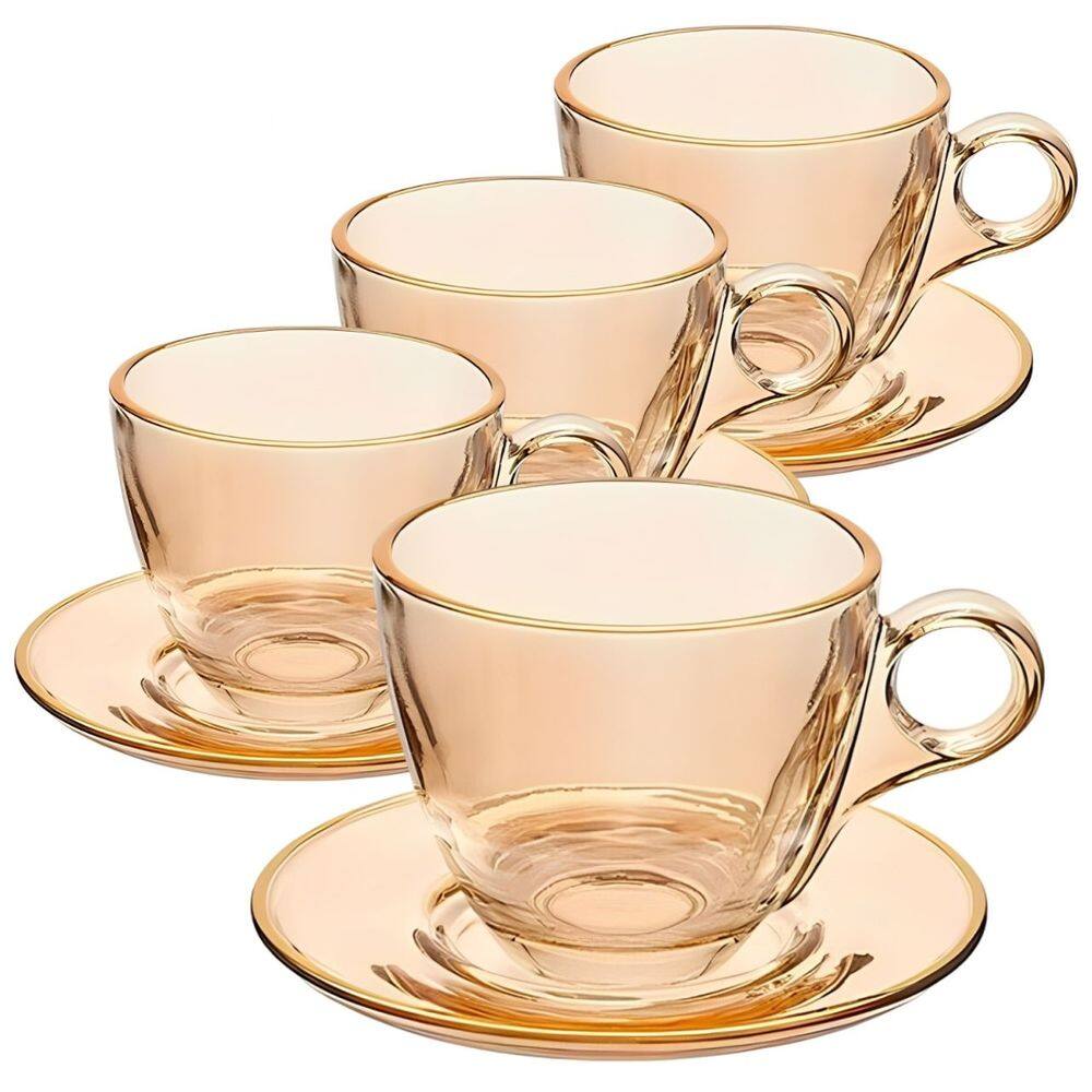 Jogo de Xícaras para Café Menfis Âmbar com Borda Dourada em Cristal com Pires 170 ML - 8 Peças