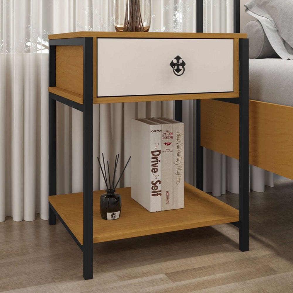 Mesa de Cabeceira Sevilha 1 Gaveta 1 Prateleira Preto/Natural/Off White - Art Panta
