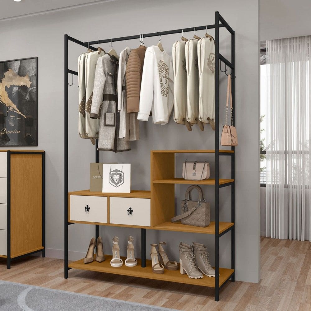 Closet Sevilha 2 Gavetas 3 Prateleiras Preto/Natural/Off White - Art Panta