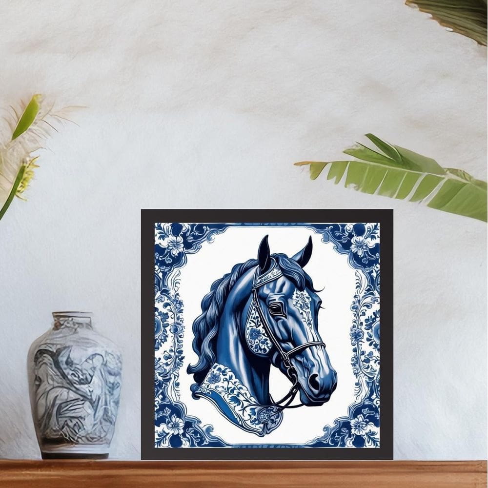 Quadro Cavalo Floral Estilo Azulejo Português 33X33Cm Vidro