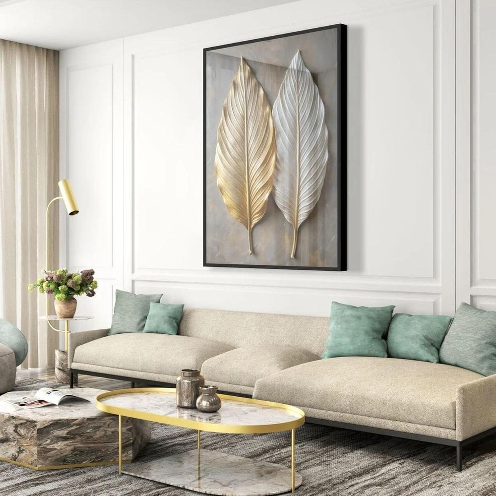 Quadro Folhas 3D Ouro E Preto - 70X50Cm