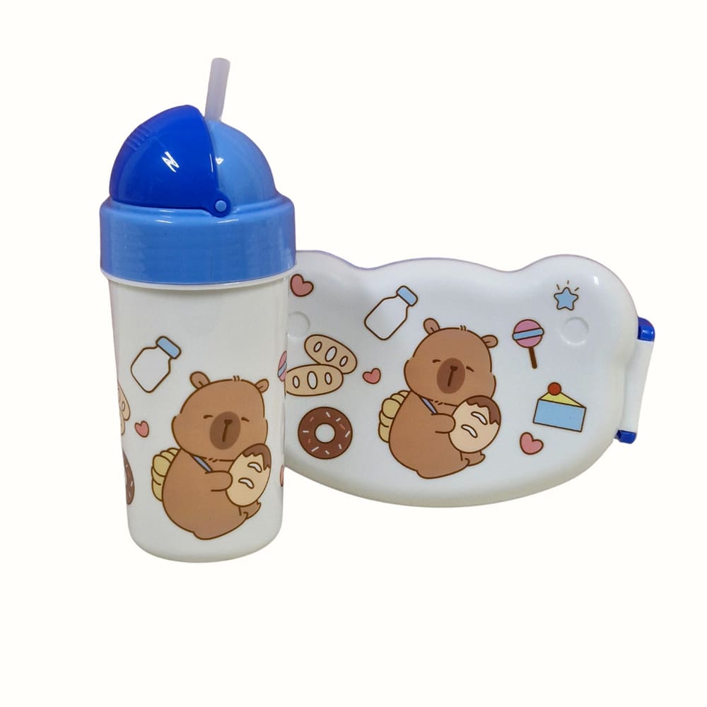 Kit Garrafa Pote Com Talher Branco Com Azul Capivara 340ml Fwb