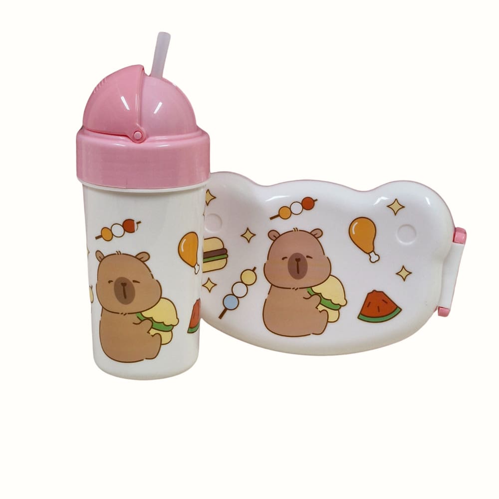 Kit Garrafa Pote Com Talher Branco Com Rosa Capivara 340ml Fwb