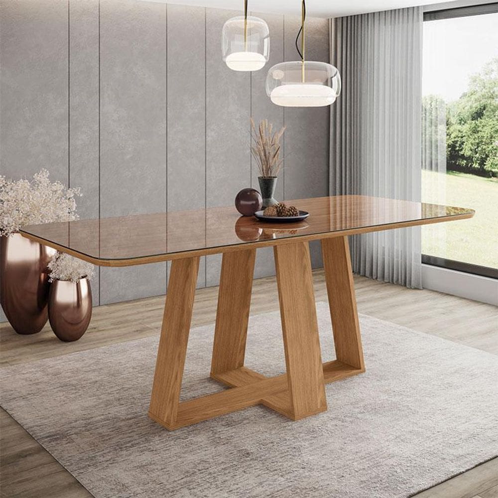 Mesa de Jantar Lins 200 cm Ambiente Canto Arredondado com Vidro Nature- Henn