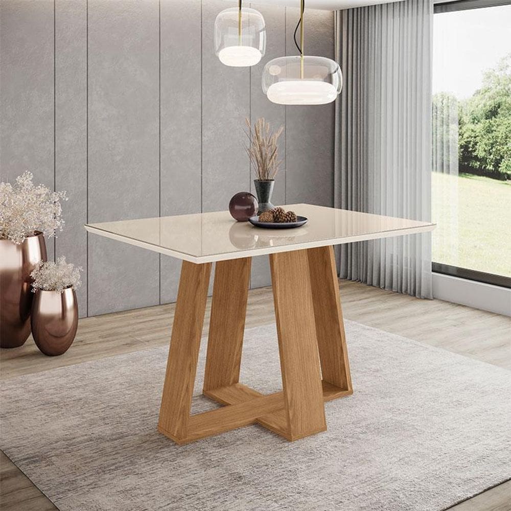 Mesa de Jantar Lins 120 cm Ambiente Canto Reto com Vidro Nature Off White - Henn