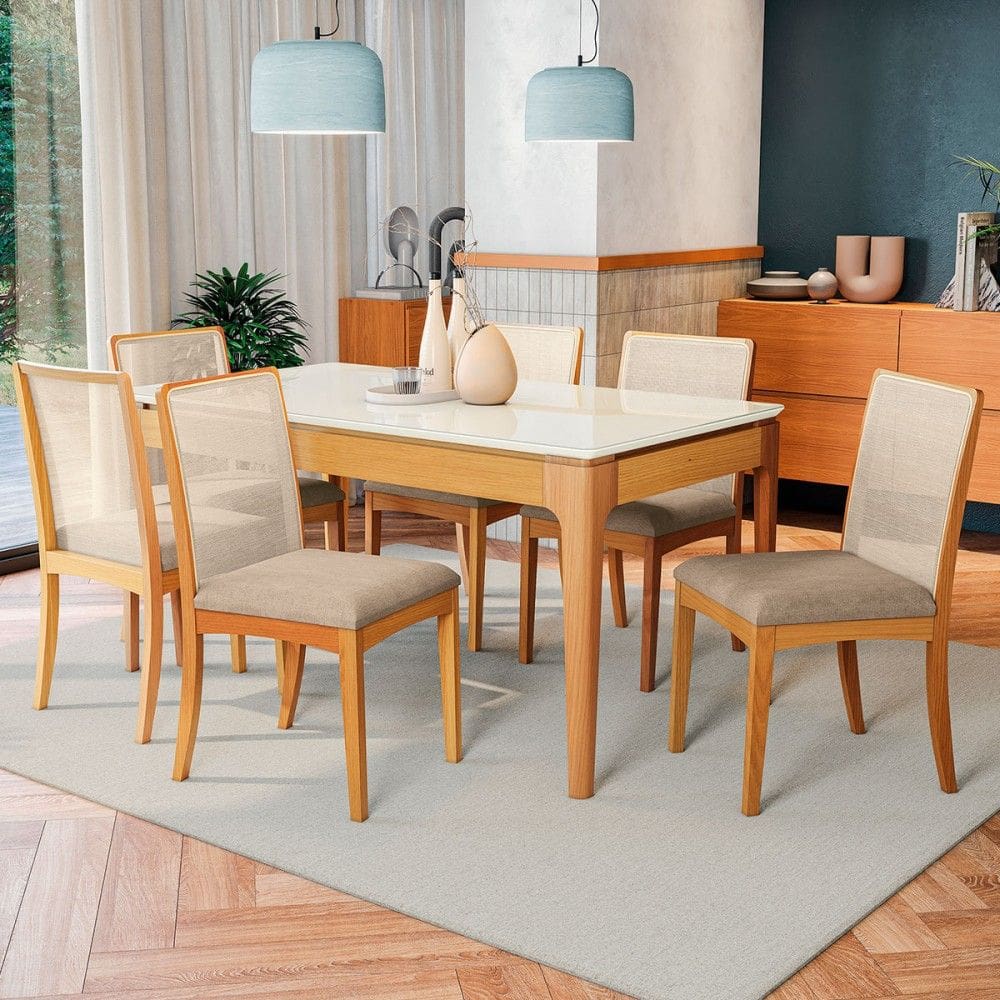 Mesa de Jantar 6 Lugares Avenna com Vidro Madeira Maciça Off White/Marrom Claro - Kappesberg