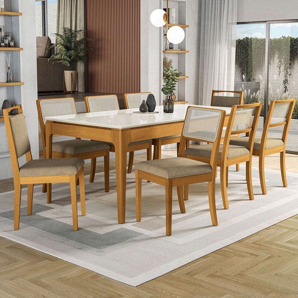 Mesa de Jantar 8 Lugares Loane com Vidro Madeira Maciça Off White/Marrom Claro - Kappesberg
