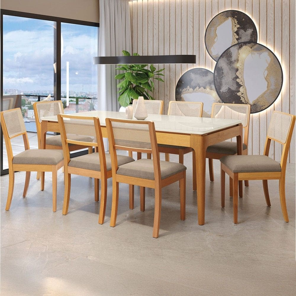 Mesa de Jantar 8 Lugares Loane com Vidro Madeira Maciça Off White/Marrom Claro - Kappesberg