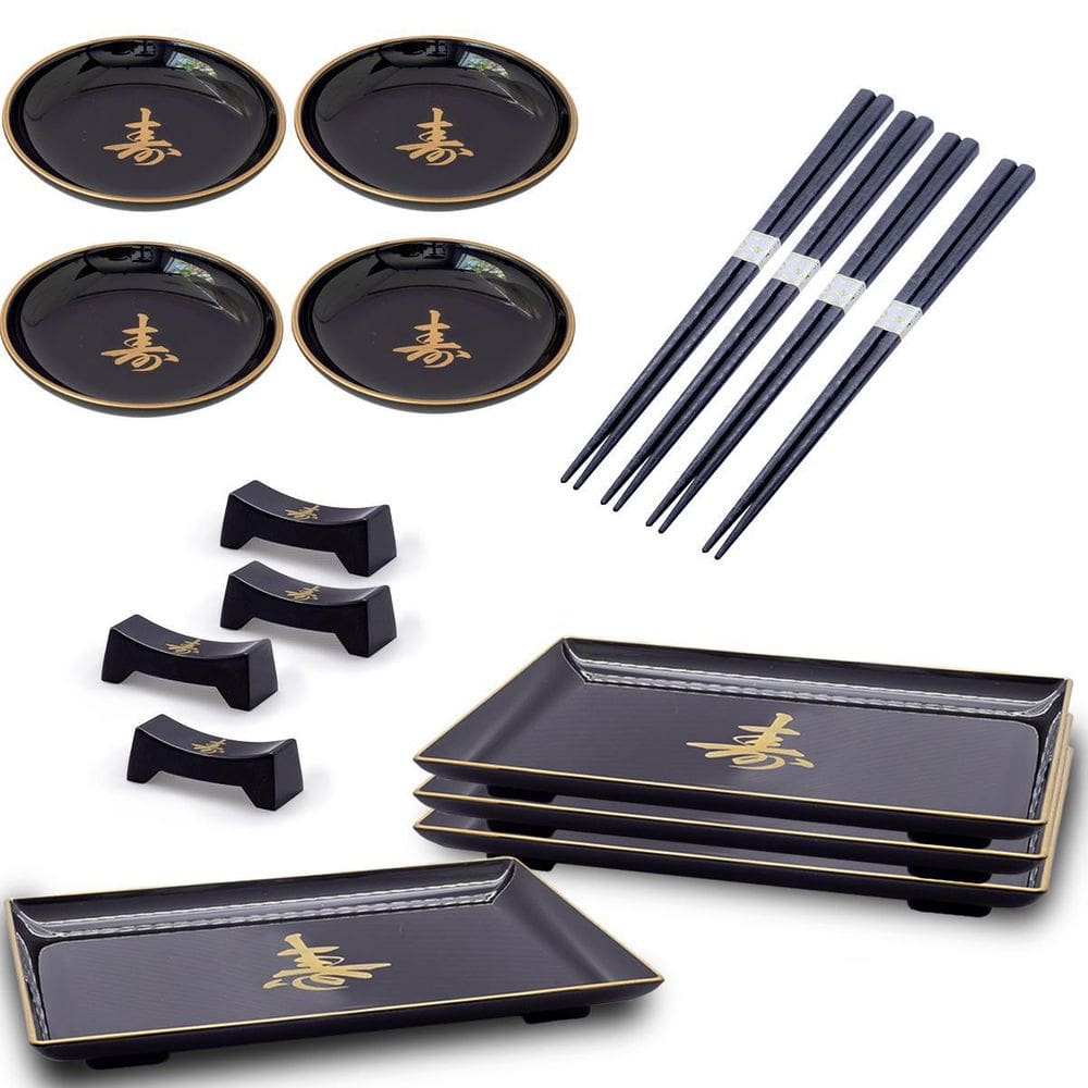 Kit Oriental Preto Com Ideograma P/8 Pessoas Japonês