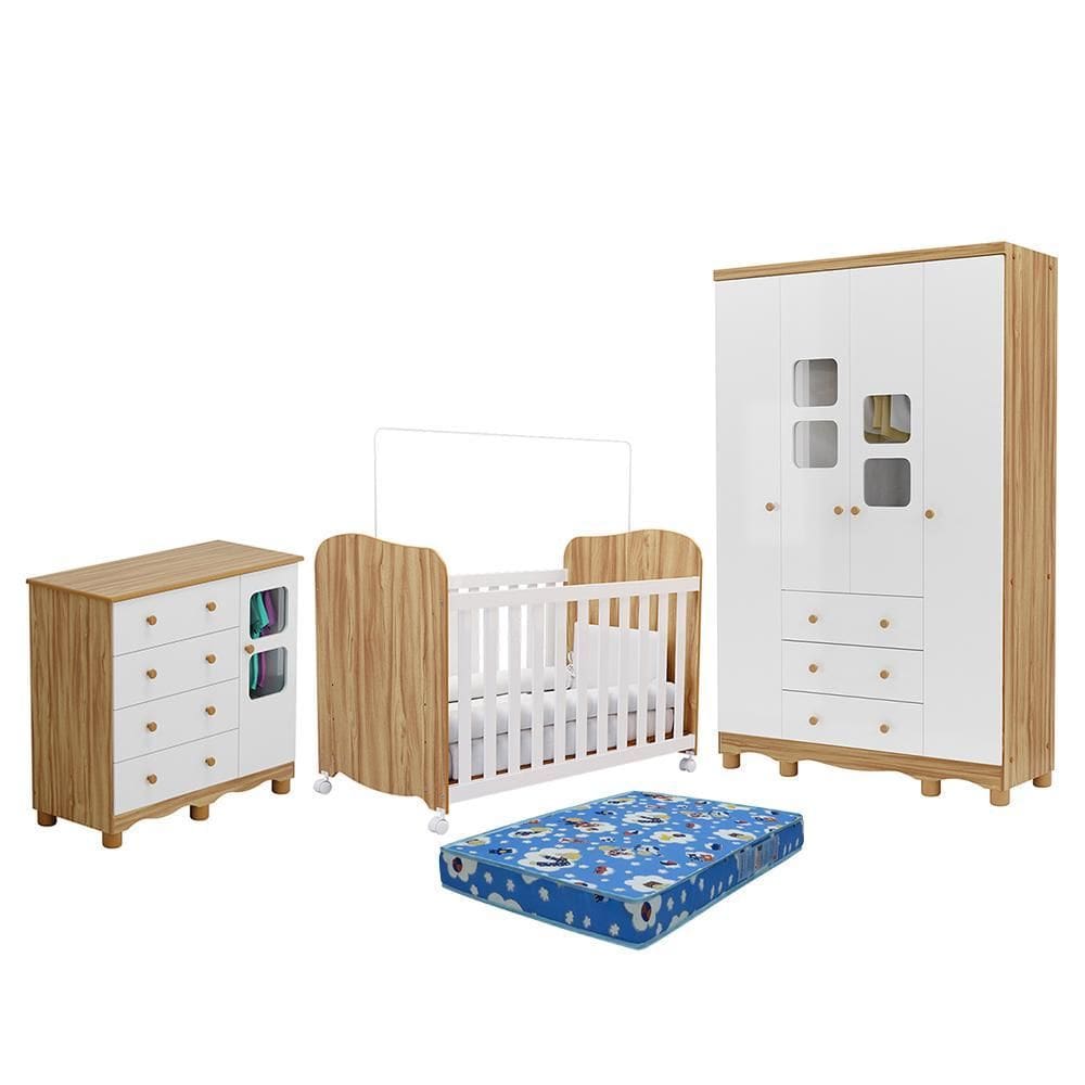 Dormitório Uli Guarda Roupa 4 Portas, Cômoda e Berço com Colchão Baby Physical - Móveis Peroba