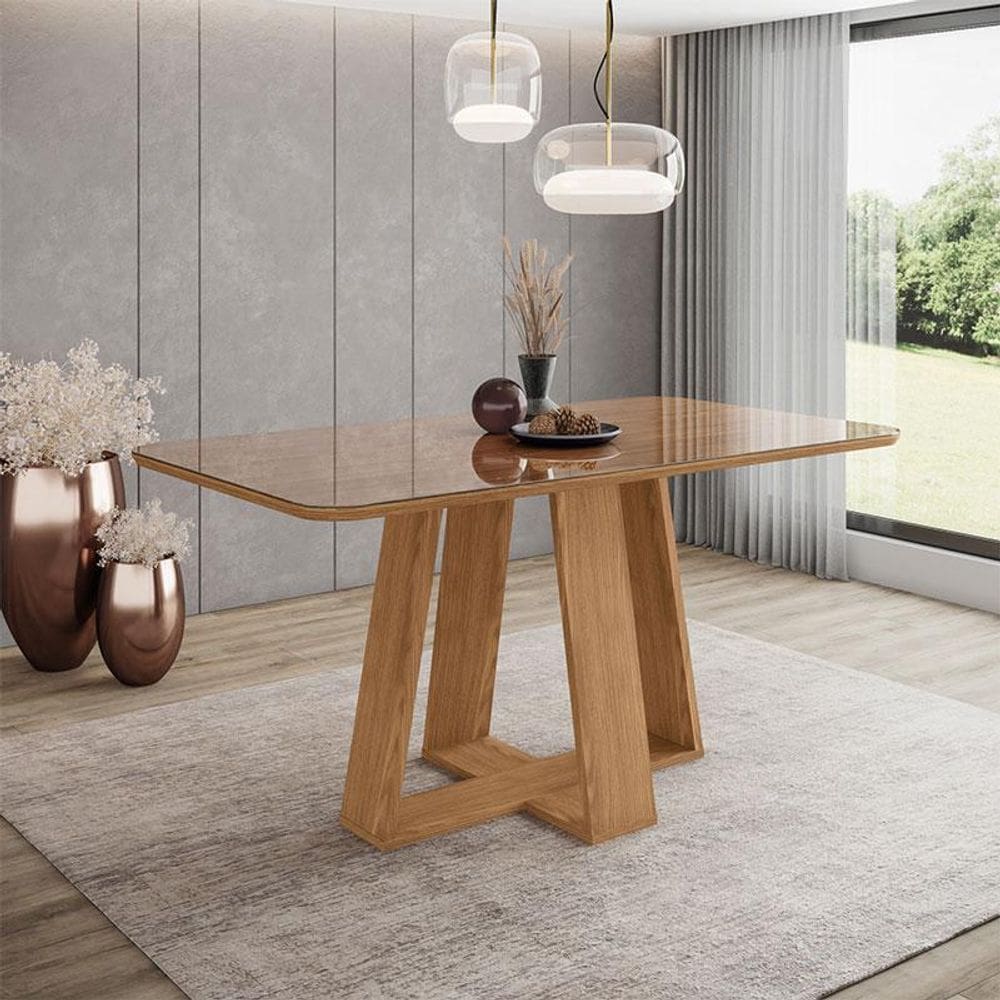 Mesa de Jantar Lins 160 cm Ambiente Canto Arredondado com Vidro Nature - Henn